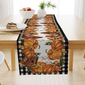 Autumn table runner featuring watercolor pumpkins and black white buffalo plaid borders - Pumpkin Birdhouse Plaid Border Style (ZQ23-16) / 33*183cm