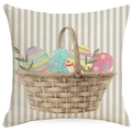 Housse de coussin de Pâques avec panier d'œufs aquarelle sur tissu en lin rayé - 45x45 cm / Motif Panier de Pâques (YMD423-1)