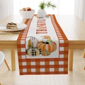 Autumn linen table runner with orange Thankful gnome print and plaid pumpkin pattern - Thankful Gnomes Orange Plaid Style (ZQ23-17) / 33*183cm