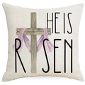 Housse de coussin de Pâques en lin avec croix en bois et texte He Is Risen sur fond blanc - 45x45 cm / Motif Croix Religieuse (YMD423-3)