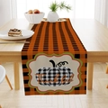 Linen table runner with orange buffalo plaid, pumpkins and Thankful typography print - Thankful Buffalo Plaid Pumpkin Style (ZQ23-18) / 33*183cm