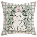 Linnen Pasen kussensloop met schattig wit konijn en eucalyptus op gingham weefsel - 45x45cm / YMD425-1