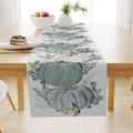 Linen table runner with blue and green pumpkins and eucalyptus for autumn decor - Blue Pumpkin Eucalyptus Style (ZQ23-21) / 33*183cm