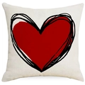 Housse de coussin en lin beige avec cœur rouge et lignes de griffonnage noires sur fond blanc - 45x45cm / Contour de Cœur Graffiti (YMD428-3)