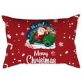 Christmas peach skin pillowcase with Santa driving green cart on a red festive background - Santa Driving Small Car (DRD417-14)