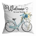 Detail of peach skin pillowcase with bicycle floral print and 'Welcome to our home' text - Drd481-15 / 45*45cm (No Insert)