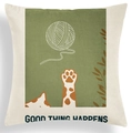 Detailed view of canvas cushion cover with green geometric cat print and lettering - Cat Paw and Yarn Ball Illustration (CRD80-5)
