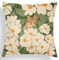 Detail of Nordic geometric green cushion cover with forest squirrel and floral prints - Squirrel and White Flower Forest Style (CRD80-6)