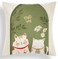 Close-up of geometric green cushion cover with cute cats and Find Me text print - Hand-drawn Cartoon Cats and Daisies (CRD80-14)
