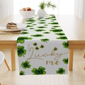 Chemin de table en lin avec trèfles verts et texte Lucky me doré pour la Saint-Patrick - 33*183cm / Lucky Me Lettrage Doré (ZQ31-10)