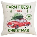 Linen Christmas pillow case featuring a red vintage car and snowy pine trees print - Farm Fresh Christmas Trees (YMD397-5) / 45x45CM No Pillow Core