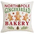 Linen Christmas pillowcase featuring gingerbread man print and North Pole bakery design - North Pole Gingerbread Bakery House (YMD397-12) / 45x45CM No Pillow Core