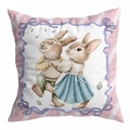 Peach skin polyester cushion cover featuring dancing Easter bunnies and pink striped border - 45x45cm / DRD478-6