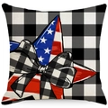 Linnen kussenhoes met zwart-wit ruitpatroon en patriottische Amerikaanse ster-print - 45*45cm Linnen Enkelzijdig Geen Vulling / Star Spangled Strik Stijl (ymdc-7)