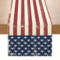 Vintage American flag table runner with red stripes and blue star print on linen fabric - 33*183cm / ZQ44-1