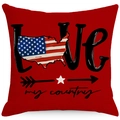 Red linen pillow cover with USA flag map LOVE print for Independence Day decoration - 45*45cm Linen Single-Sided No Insert / Patriotic Heart Map Style (ymdc-8)