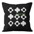 Detail of black velvet pillow cover with white floral patterns and green SUPER logo print - Super Floral Pattern (crd77-14) / 45X45 Single-sided Short Plush Without Core