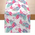 Linen table runner featuring pink flamingos and tropical palm leaves on a white background - Flamingo Repeating Pattern Style (zqc01-4)