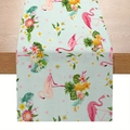 Linen table runner with tropical flamingo, pineapple and floral prints on mint background - Flamingo and Pineapple Mint Green Style (zqc01-6)