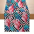 Linen table runner featuring pink flamingo and tropical palm leaves on geometric stripes - Flamingo and Diamond Geometric Pattern Style (zqc01-9)