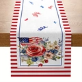 Chemin de table de fête avec roses rouges et drapeau américain sur tissu en lin - 33*183cm / Style Floral Drapeau Étoile Rose Rouge (zqc01-13)