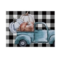 Fall placemat with vintage blue truck, pumpkins and black white buffalo plaid background - CD28-12
