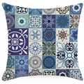 Federa boho con motivi geometrici mandala in toni blu per decorazione divano e casa - 45*45cm Lino monofacciale