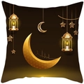 Ramadan Kissenhülle mit goldenem Halbmond und Laternenmotiven auf dunklem Hintergrund - Braune Basis Goldener Sichelmond Sterne (DRD443-10)