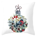 Square Christmas pillowcase featuring a watercolor bird and ornament printed design - Bullfinch Christmas Ball Style (DRD420-19)