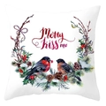 Christmas peach skin square pillowcase featuring watercolor bullfinches and pine branches - Merry Kiss Me Two Birds Wreath Style (DRD420-20)