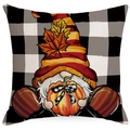 Linen pumpkin gnome throw pillow cover with black and white buffalo plaid pattern for autumn - Buffalo Plaid Gnome With Pumpkin Style (ALD3-3) / Single-Sided Linen No Insert
