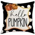 Hello Pumpkin Kissenbezug mit Kürbis-Motiv und Punkten auf schwarzem Stoff - 45x45CM Einseitig Leinen / Kürbis Schriftzug Punktmuster Stil (ALD5-3)