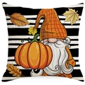Funda de cojín de otoño en lino con gnomo, calabaza y hojas de maple para decoración festiva - 45x45cm (Sin Relleno) / Gnomo de Rayas con Calabaza (ALD4-4)