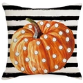 Moderner Thanksgiving-Kissenbezug mit orangefarbenem Kürbis auf schwarz-weißen Streifen - 45x45CM Einseitig Leinen / Großer Kürbis Gestreifter Stil (ALD5-4)
