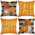 Set of four Thanksgiving gnome and maple leaf linen pillow covers for autumn home decor - Black White Stripe Gnome Slogan (YMD9-44)