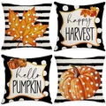 Autumn Thanksgiving pillow covers featuring pumpkins and maple leaves in a set of four - Black White Stripe Polka Pumpkin (YMD9-43)