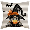 Halloween gnome pillow cover with candy corn and black bats on gray striped linen - Halloween Gnome Style (ALD4--4)