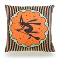 Halloween linen cushion cover featuring witch silhouette and orange stripe borders - Witch Riding Broom (TQD9-10)