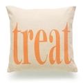 Macro detail of beige linen fabric texture and orange treat print on halloween pillowcase - Off-White Treat (TQD9-9)