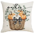 Fall harvest pumpkin basket cushion cover with gather text on white background - Off White Pumpkin Basket Gather (TQD1-8)
