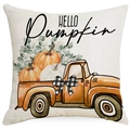 Detail of harvest pillow case with orange truck and pumpkin watercolor print design - Off White Pumpkin Pickup Truck (TQD1-7)