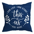 Dark blue square peach skin pillowcase with white lettering and leaf print - Navy Our Story Style (DRD481-6)