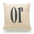 Close-up detail of linen texture and black serif OR print on a Halloween cushion cover - Off-White Or (TQD9-7)