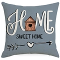 Macro detail of Home Sweet Home print on textured blue-grey cotton linen cushion cover - 45x45cm (No Insert) / Blue Grey Birdhouse Style (TQD5-12)