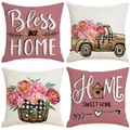Four-piece linen pillow covers set with pink peonies and Bless Our Home slogans - Vintage Dusty Rose Peony Truck (YMD9-34)