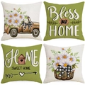 Set of 4 rustic sage green and beige linen throw pillow covers with farmhouse floral designs - Sage Green Rural Flower Basket (YMD9-35)