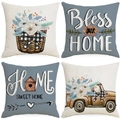 Set of 4 Thanksgiving linen throw pillow covers with rustic floral and truck designs - Blue Gray Rural Birdhouse Series (YMD9-36)