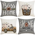 Set of 4 farmhouse linen pillow covers with vintage truck and floral home quotes - Gray Beige Warm Quotes Series (YMD9-37)