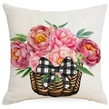 Linen decorative pillowcase featuring a watercolor flower basket and checkered bow - Pink Peony Basket Style (TQD5-4)