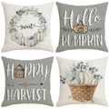 Four Thanksgiving pillow covers with autumn pumpkin motifs in linen style texture - Elegant Eucalyptus Leaf Pumpkin (YMD9-38)